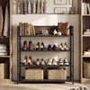 4-tier industrial shoe rack with heavy-duty metal frame in rustic brown, showcasing shoes and storage baskets.