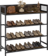 4-tier shoe rack with heavy-duty metal frame in rustic brown, showcasing various shoes and decorative items on top.