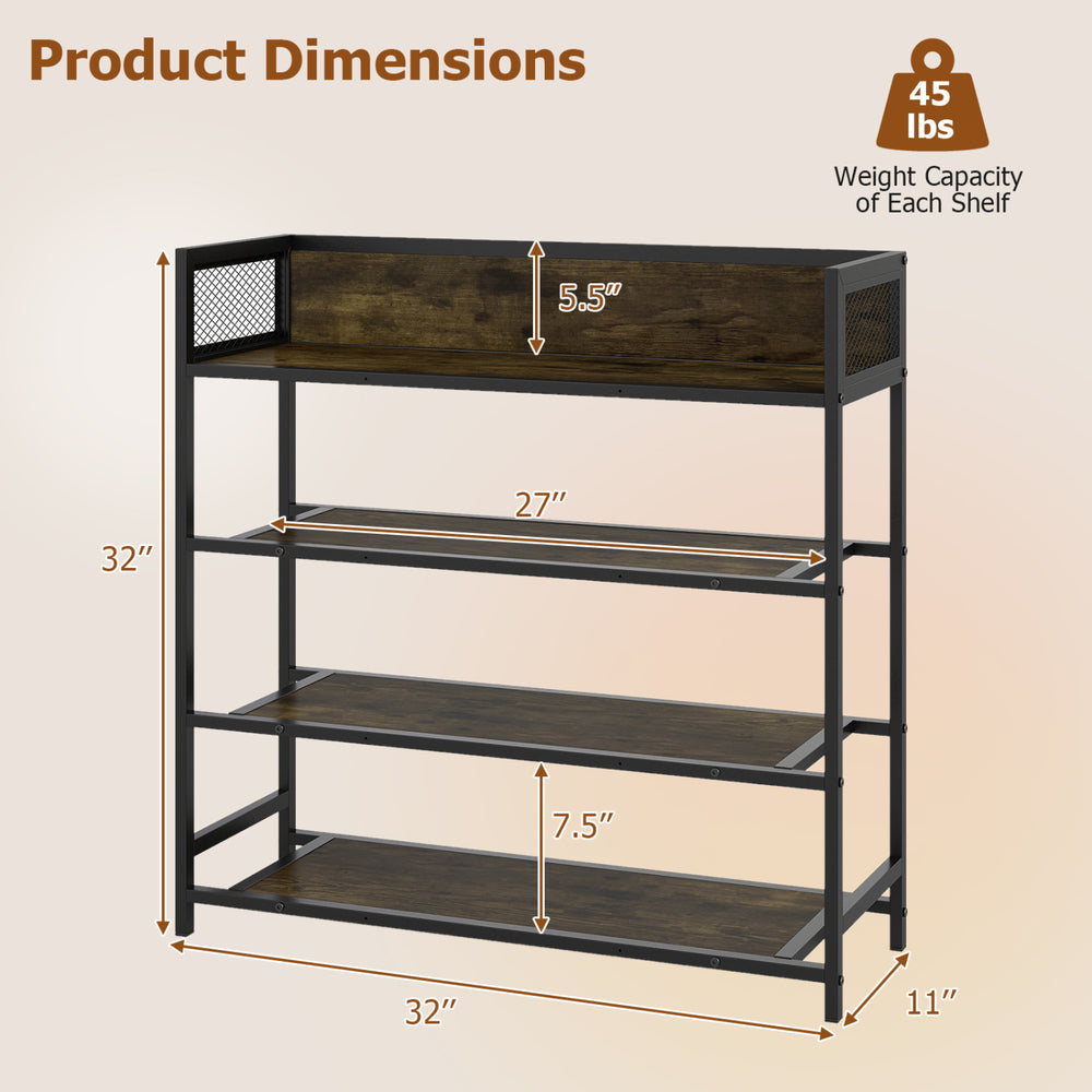 4-tier shoe rack with a heavy-duty metal frame and rustic brown shelves, measuring 32" H x 27" W x 11" D.