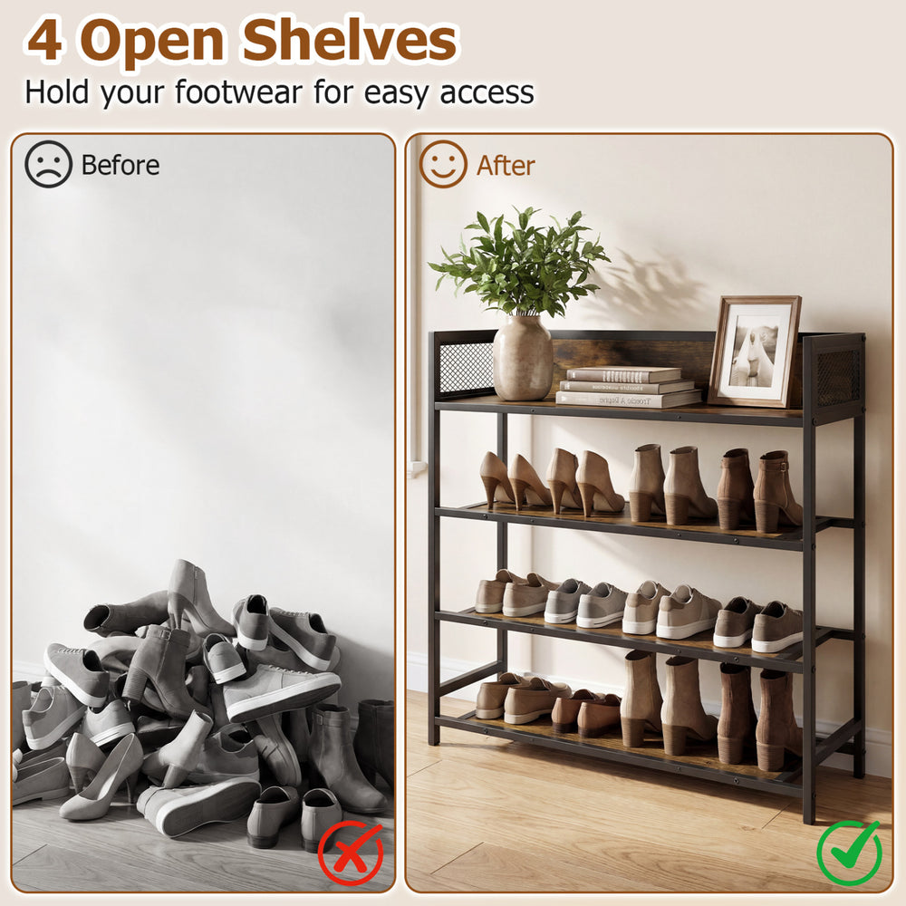 4-tier shoe rack in rustic brown with heavy-duty metal frame, organized footwear display for easy access.
