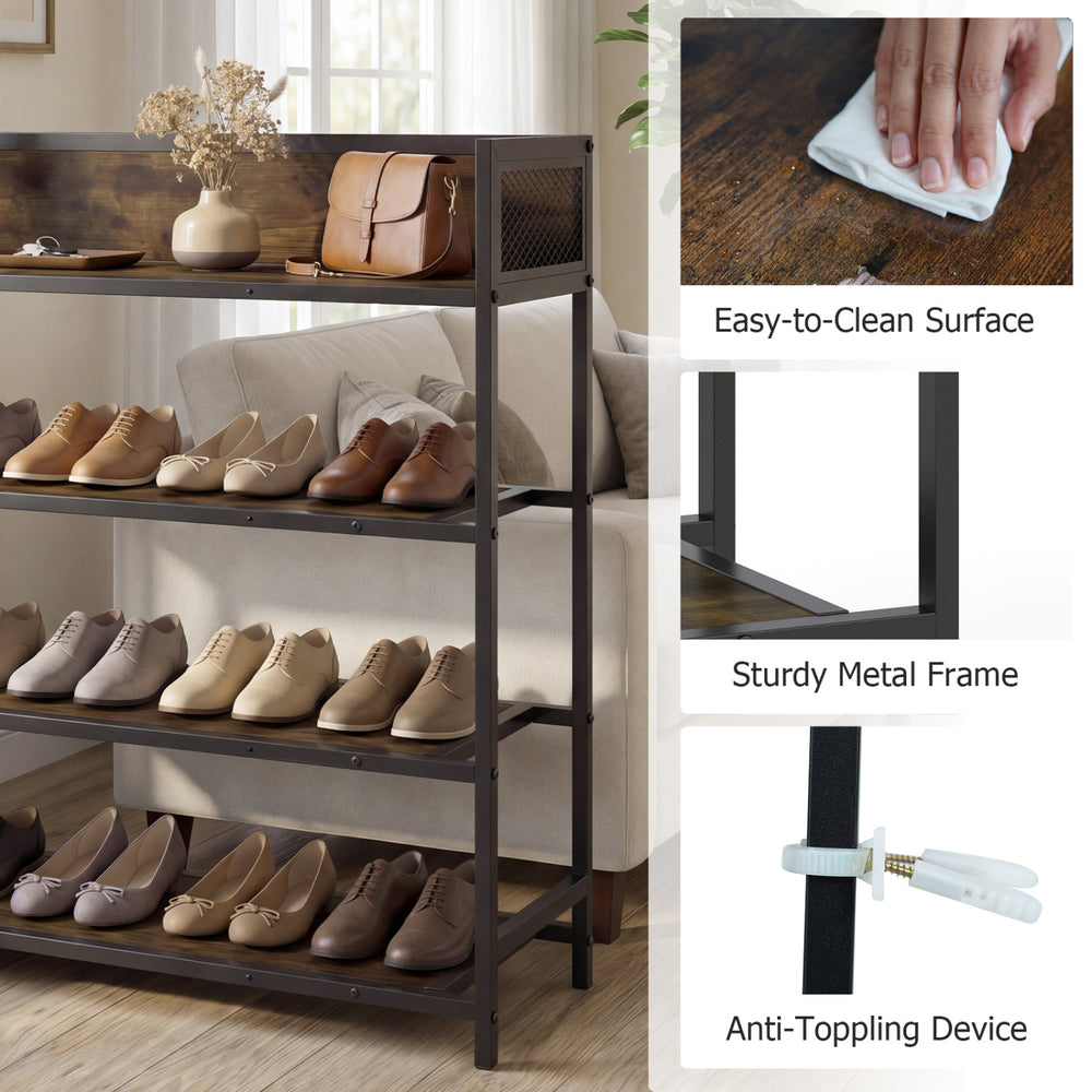 4-tier shoe rack in rustic brown with sturdy metal frame, showcasing easy-to-clean surfaces for organized footwear.