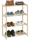 4-tier solid wood shoe rack in gray with slatted shelves, ideal for organizing footwear in entryway or closet.