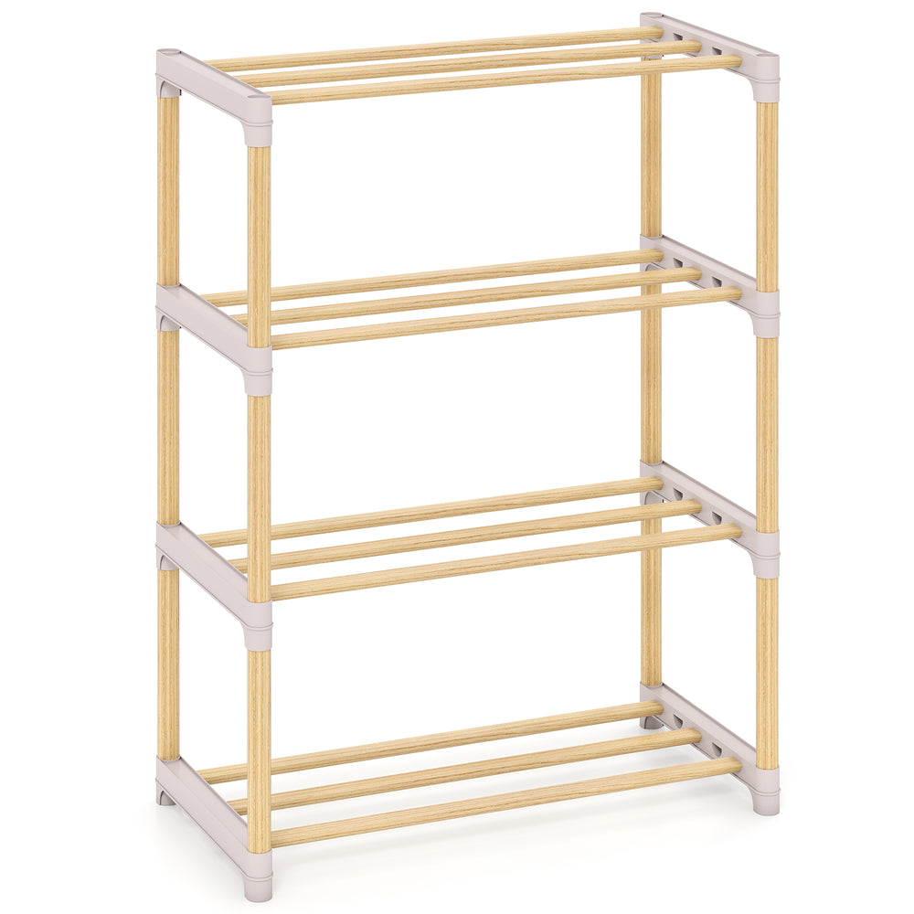 4-tier solid wood shoe rack with slatted open shelves in gray, ideal for organized footwear storage in entryway or.