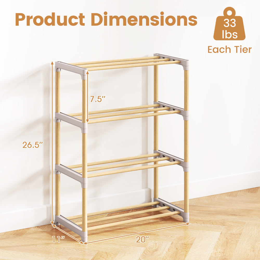 4-tier solid wood shoe rack with slatted open shelves in gray, measuring 26.5" high for organized footwear storage.
