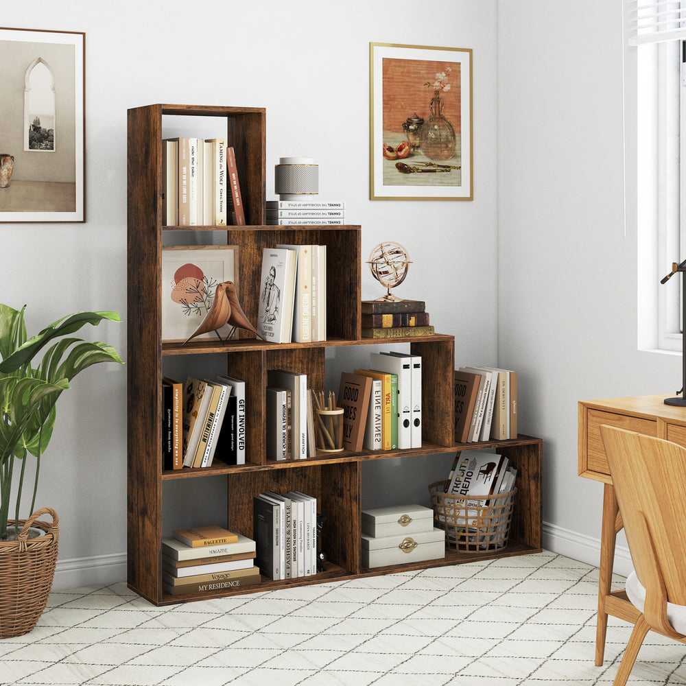 4-Tier Stepped Bookshelf Freestanding Ladder Storage Shelf with 6 Cubes-Rustic Brown - Gallery View 1 of 9