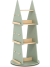 Tree-shaped 4-tier kids rotating bookshelf in green with solid pine wood, featuring 360° display and anti-slip foot.