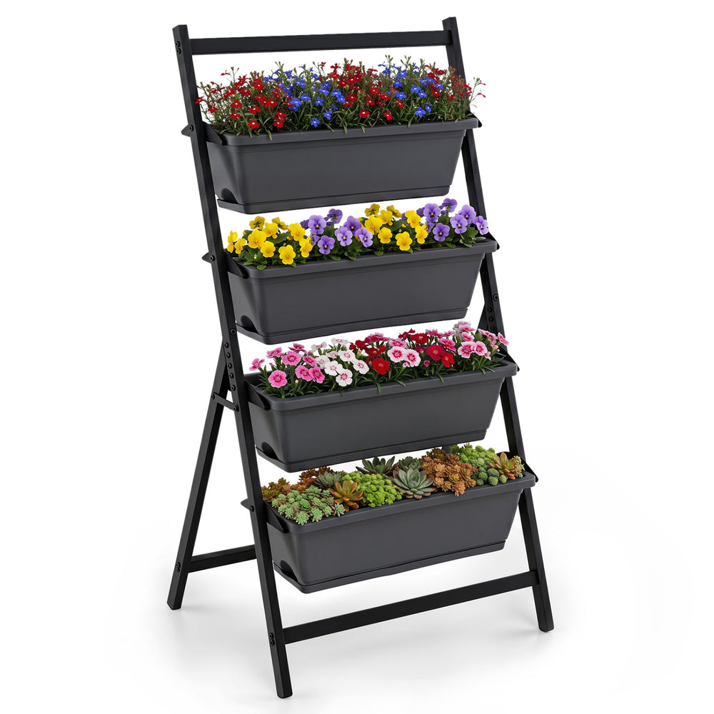 Vertical 4-tier garden bed with spacious planter boxes and drainage holes, designed for easy plant access and maintenance.