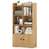 4-tier bookshelf in natural finish with open shelves, 2-door cabinet, and round knobs for versatile storage and display.