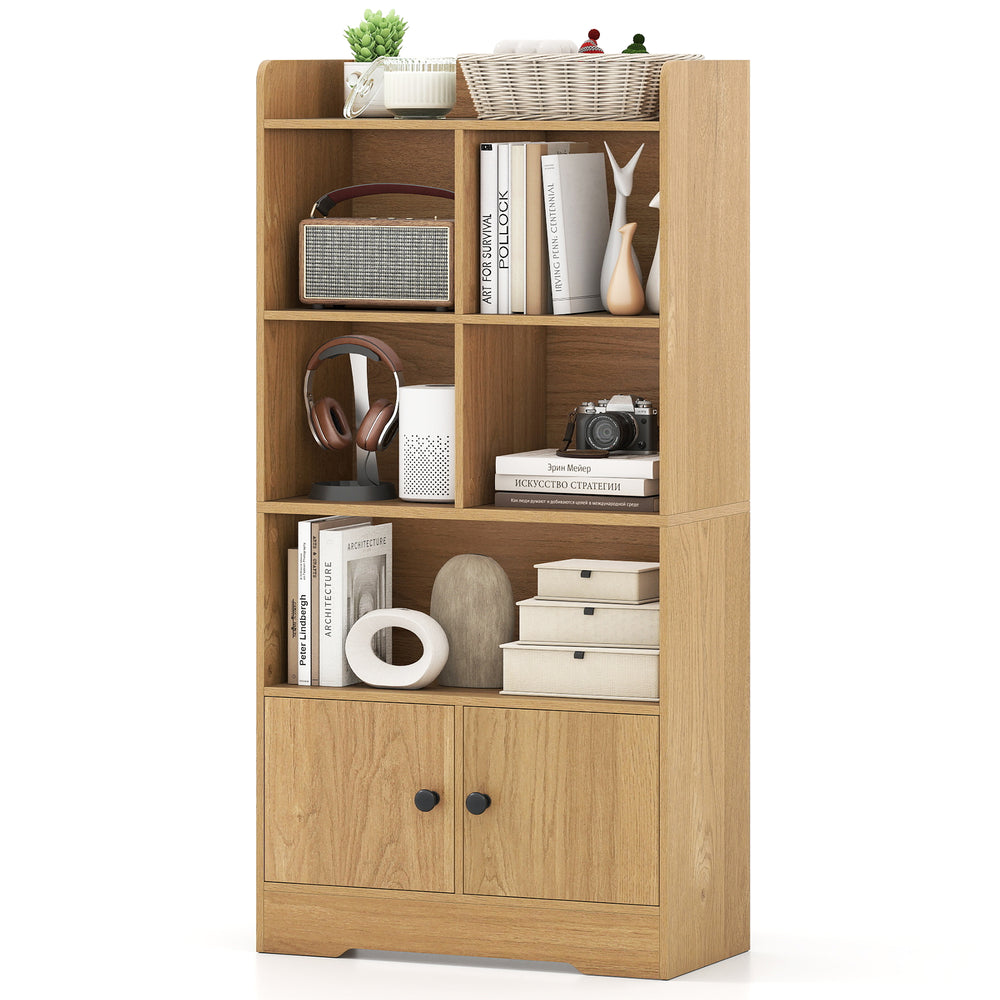 4-tier bookshelf in natural finish with open shelves, 2-door cabinet, and round knobs for versatile storage and display.