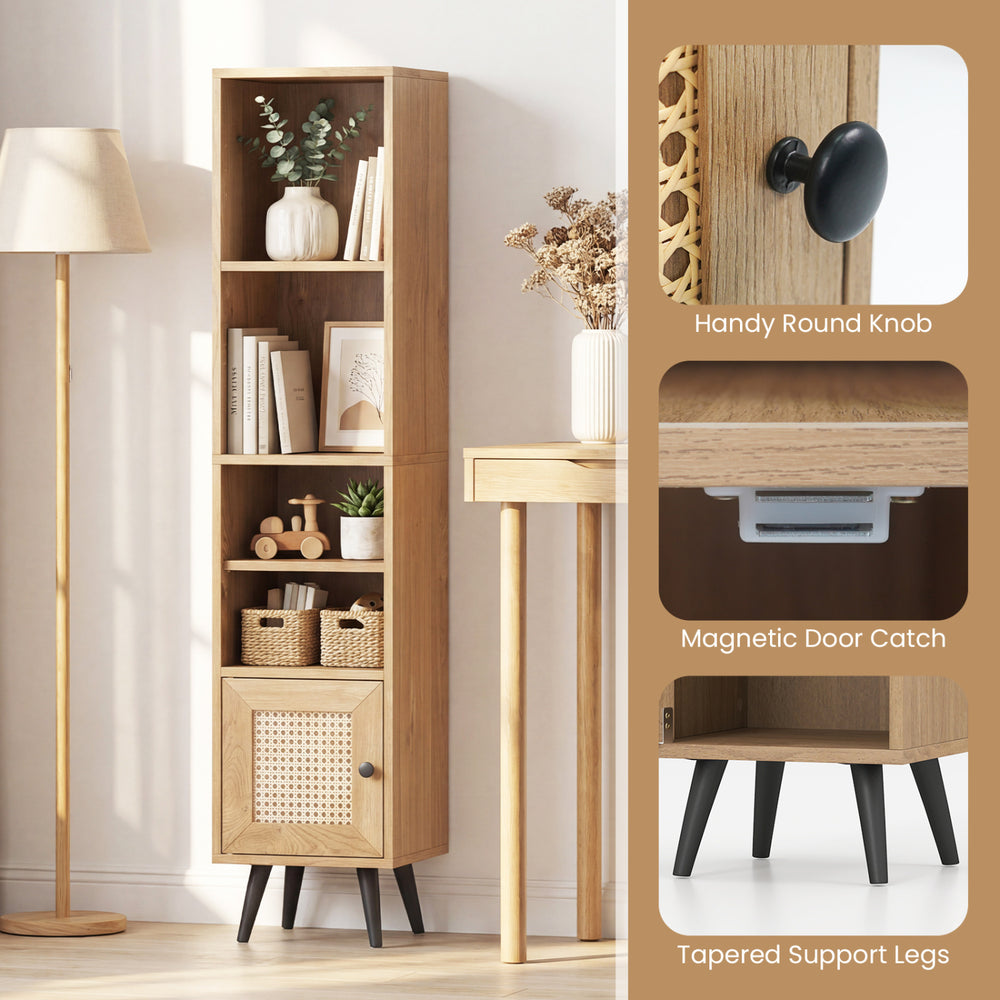 Slim 4-tier rattan storage cabinet in natural finish with adjustable shelves, perfect for small spaces and stylish.