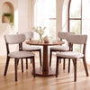 Four upholstered dining chairs with solid rubber wood frames and curved backrests, ideal for kitchen or dining room use.