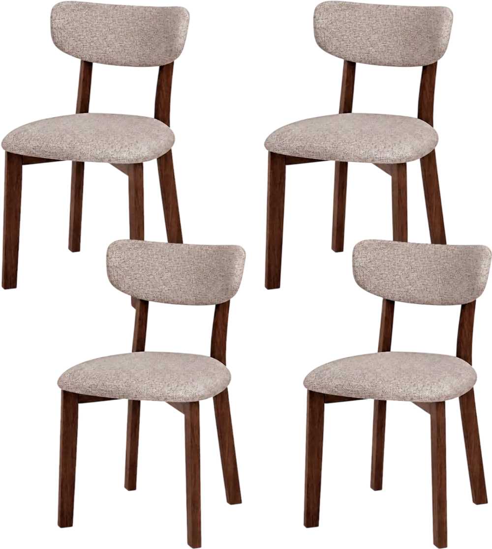 Set of 4 upholstered dining chairs with solid rubber wood frame and curved backrest for ergonomic comfort.