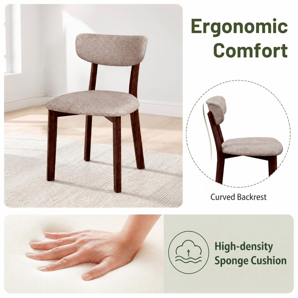 Upholstered dining chair with a curved backrest, solid rubber wood frame, and high-density sponge cushion for comfort.