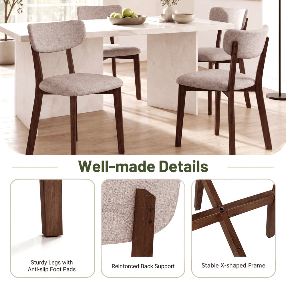 Upholstered dining chair with solid rubber wood frame, curved backrest, and anti-slip foot pads for stable seating.