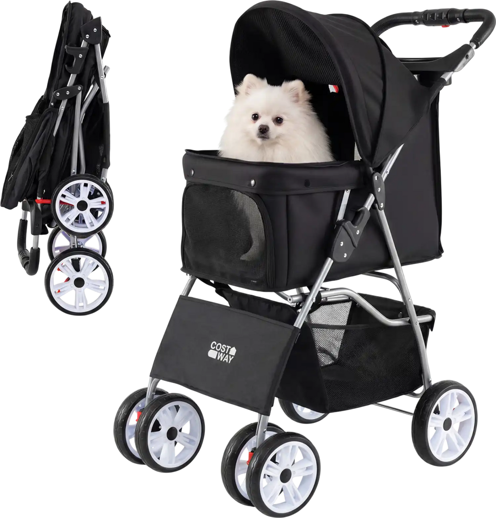 4 Wheel Pet Stroller in black for small dogs and cats, featuring a removable liner and adjustable canopy for comfort.