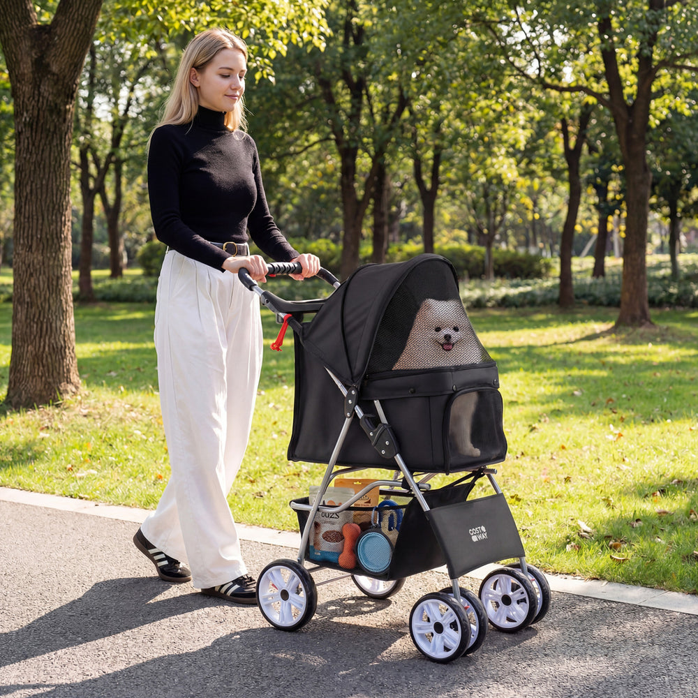4 Wheel Pet Stroller in black for small dogs and cats, showcasing universal front wheels and a cozy interior for.