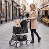 4 Wheel Pet Stroller in black for small dogs and cats, featuring adjustable canopy and spacious bottom basket for.