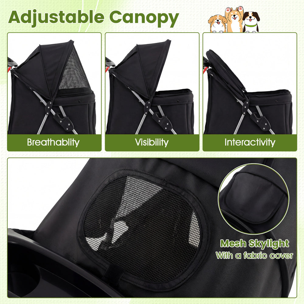 Adjustable canopy of the 4 Wheel Pet Stroller for small dogs and cats, featuring mesh skylight for breathability and.