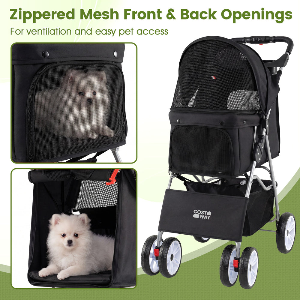 4 Wheel Pet Stroller in black with zippered mesh openings for small dogs and cats, featuring a removable padded liner.