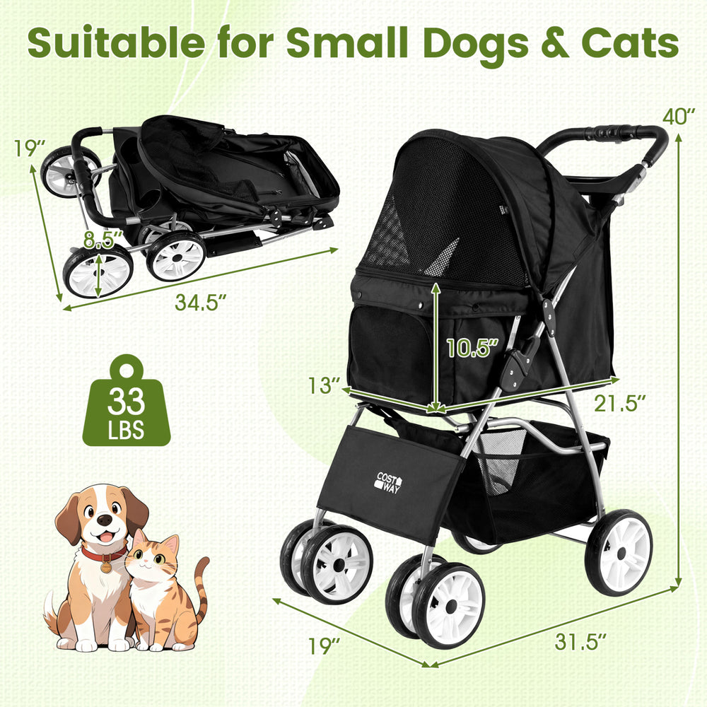 4 Wheel Pet Stroller for small dogs and cats, featuring a black design, adjustable canopy, and compact folding.