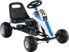 Pedal go-kart for kids with adjustable seat, steering wheel, and safe handbrake, designed for various terrains.