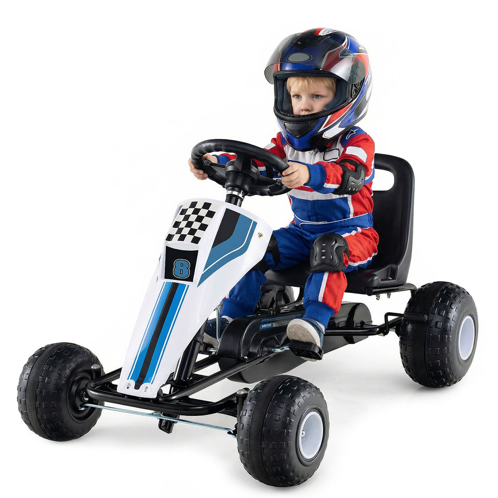 Kids' pedal go-kart in white with adjustable seat, steering wheel, and handbrake for safe outdoor fun.