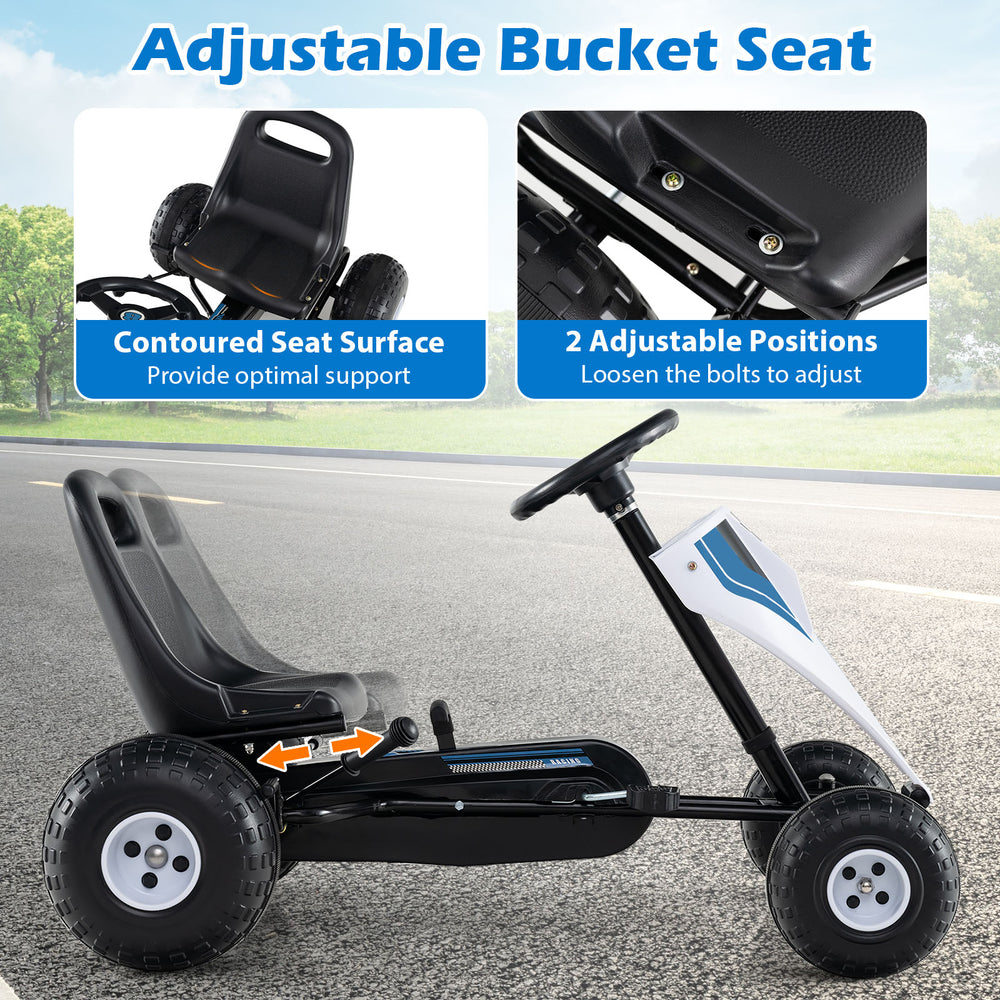 Adjustable bucket seat of a white pedal go-kart for kids, featuring 2 positions for optimal support and comfort.