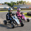 Kids riding 4-wheel pedal go-karts with adjustable seats and safe handbrakes on a racetrack for outdoor fun.