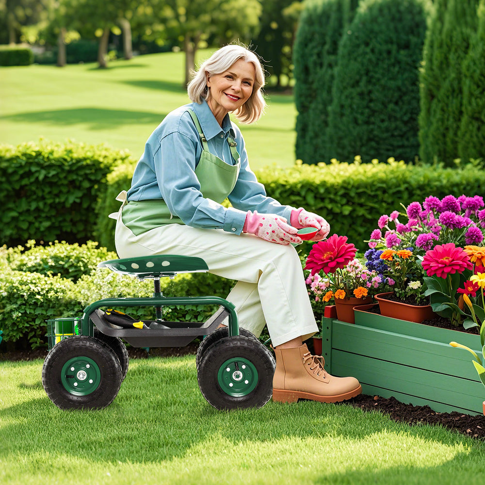 4-Wheel Rolling Garden Cart Work Seat-Green - Gallery View 1 of 9