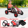 Kids pedal-powered go-kart in red with steering wheel, gear lever, and foot pedal, designed for outdoor play.