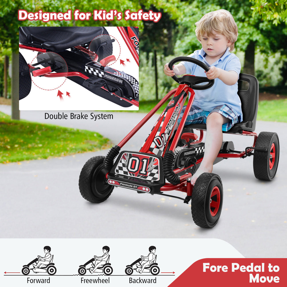 Red pedal-powered go-kart for kids aged 3-8, featuring a double brake system and four rubber wheels for stability.
