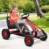 Kids pedal-powered go-kart in red with ergonomic seat, suitable for ages 3 to 8, for outdoor play on various surfaces.