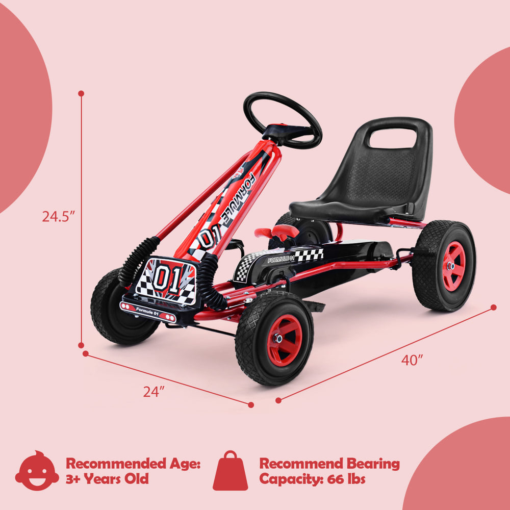 Red pedal-powered go-kart for kids aged 3-8, featuring four rubber wheels and an adjustable seat for outdoor play.