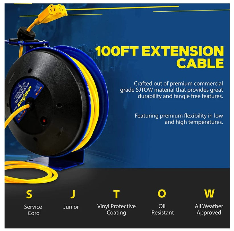 Goodyear GUR073 Retractable Extension Cord Reel Mountable 14AWG x 100' 14A Triple Connector New