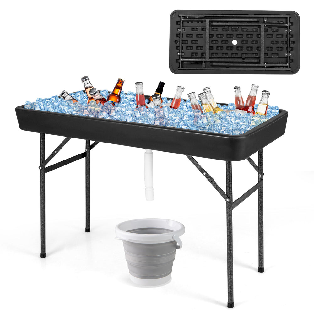 Folding 4 feet plastic party ice table with black skirt, featuring ice-filled top and convenient drain system for.