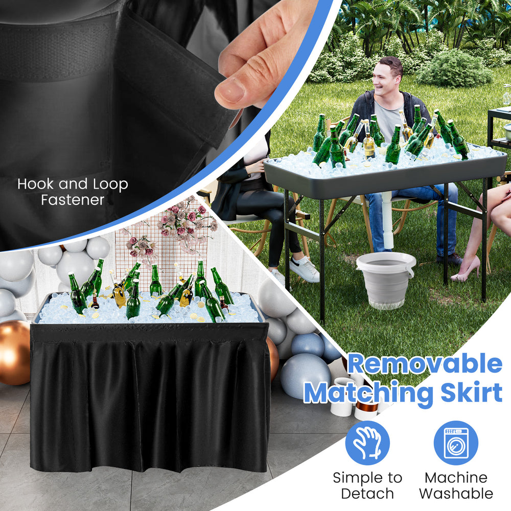 4 feet folding plastic party table with black matching skirt, featuring a convenient drain system for indoor and.