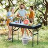 Folding 4 feet black plastic party table with skirt, featuring drinks on ice, ideal for outdoor gatherings.