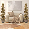 Set of 2, 4 FT artificial topiary spiral trees in vintage pots, featuring gold leaves for stylish indoor or outdoor.