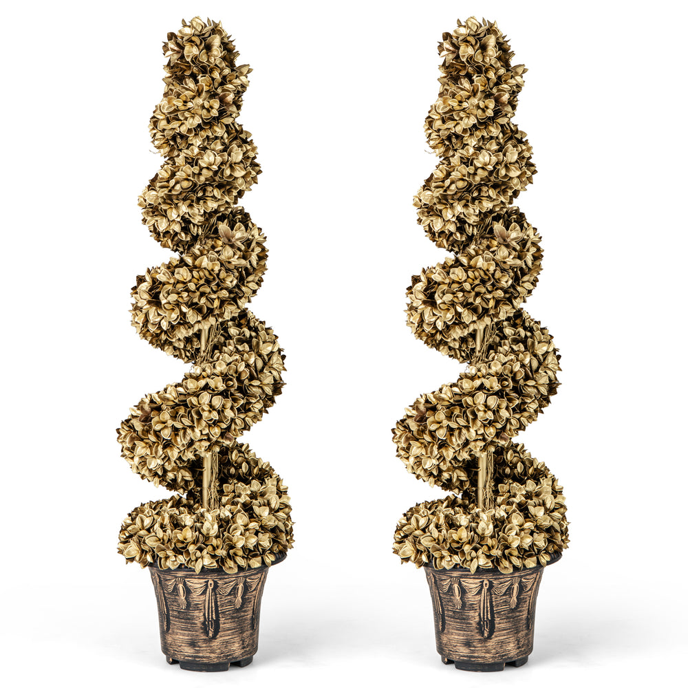 Set of 2, 4 FT artificial topiary spiral trees in vintage pots, featuring gold leaves and a chic design for.