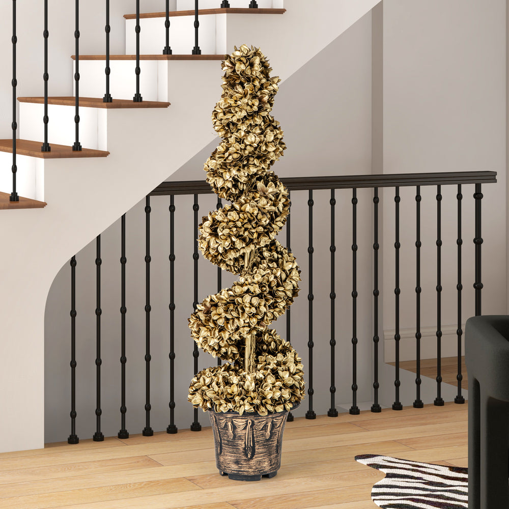 4 FT artificial topiary spiral tree with gold leaves in a vintage plastic pot, perfect for indoor or outdoor decor.