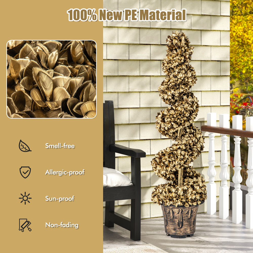 4 FT artificial topiary spiral tree with gold leaves in a vintage plastic nursery pot, perfect for indoor and outdoor.