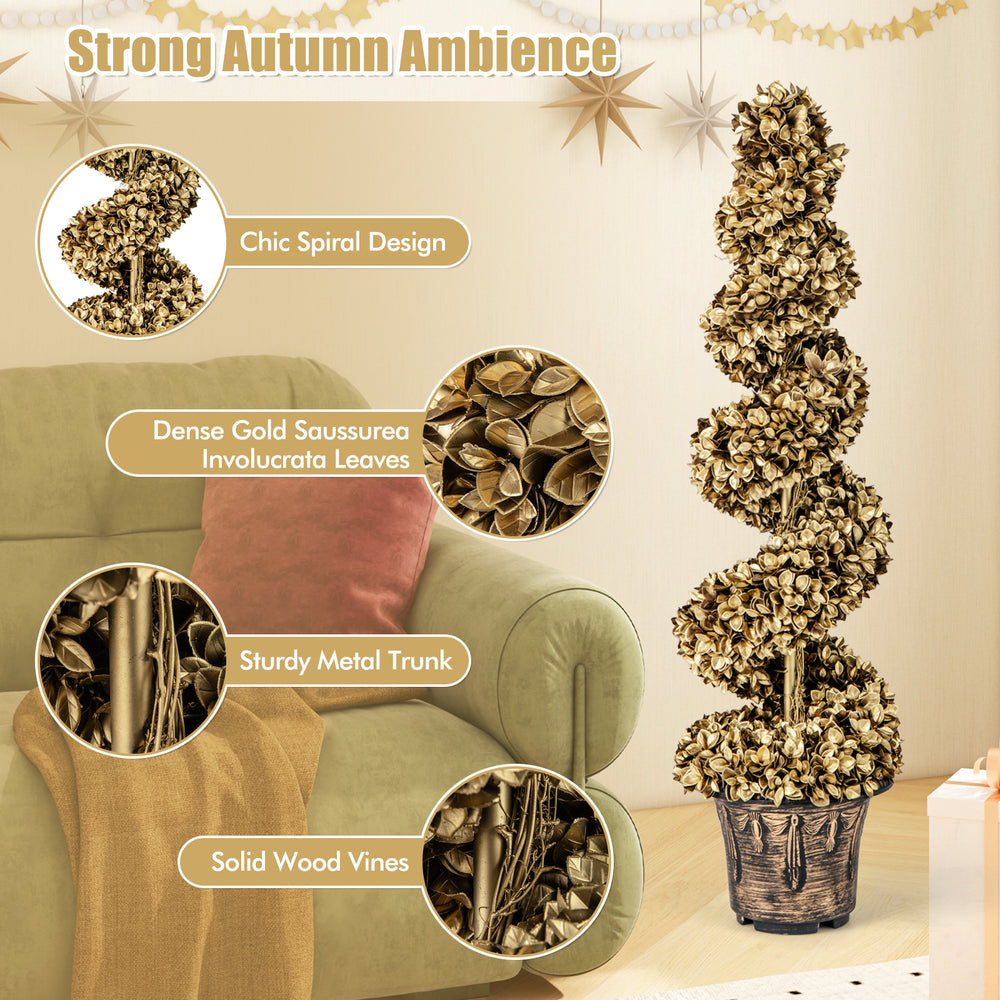 4 FT artificial topiary spiral tree with gold saussurea leaves in a vintage pot, perfect for indoor and outdoor decor.