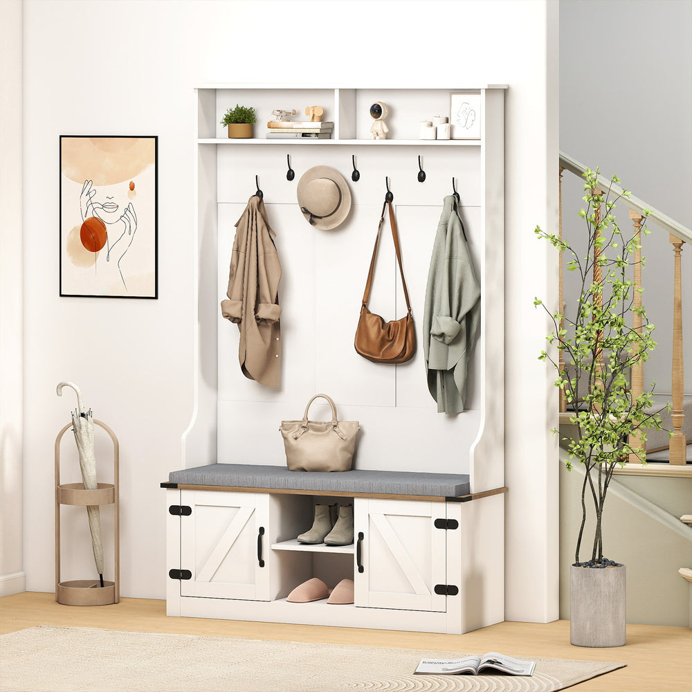 4-in-1 white coat rack with cushioned bench, 7 hooks, and shoe storage, perfect for entryway organization.
