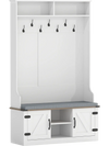 White 4-in-1 coat rack with cushioned bench, 7 hooks, and shoe storage, ideal for entryway organization.