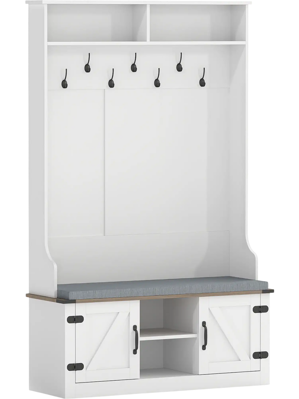 White 4-in-1 coat rack with cushioned bench, 7 hooks, and shoe storage, ideal for entryway organization.