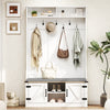 Coat rack with cushioned bench and shoe storage in white, featuring 7 hooks and adjustable shelves for entryway.