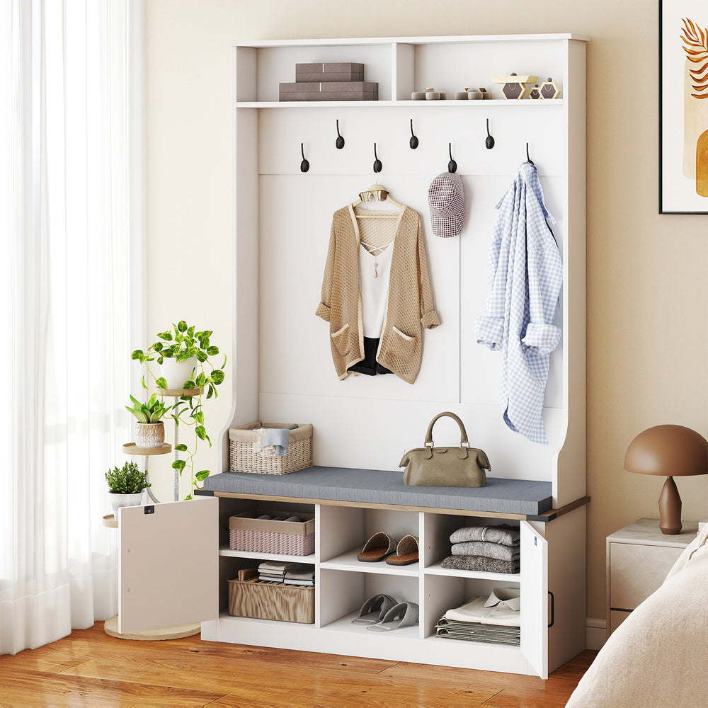 4-in-1 tall coat rack with cushioned bench, shoe storage, and 7 hooks for a stylish, organized entryway.