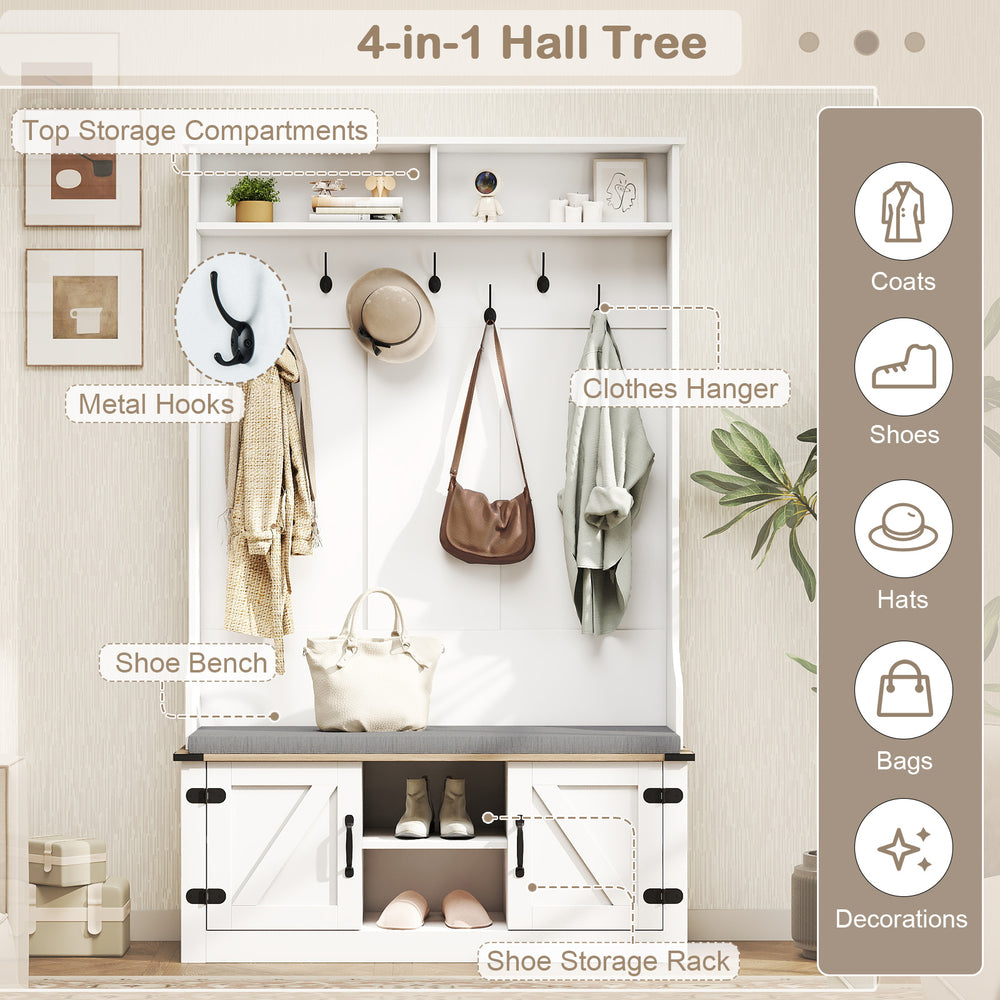 4-in-1 68.5-inch tall coat rack with cushioned bench, shoe storage, and 7 metal hooks for a tidy entryway.