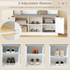 Adjustable shelves of the 4-in-1 coat rack with cushioned bench, ideal for organizing shoes in a stylish entryway.