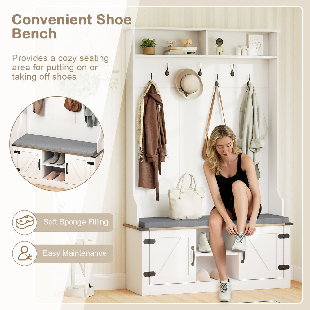 Cozy cushioned bench with shoe storage and coat rack, featuring 7 hooks and adjustable shelves for entryway.